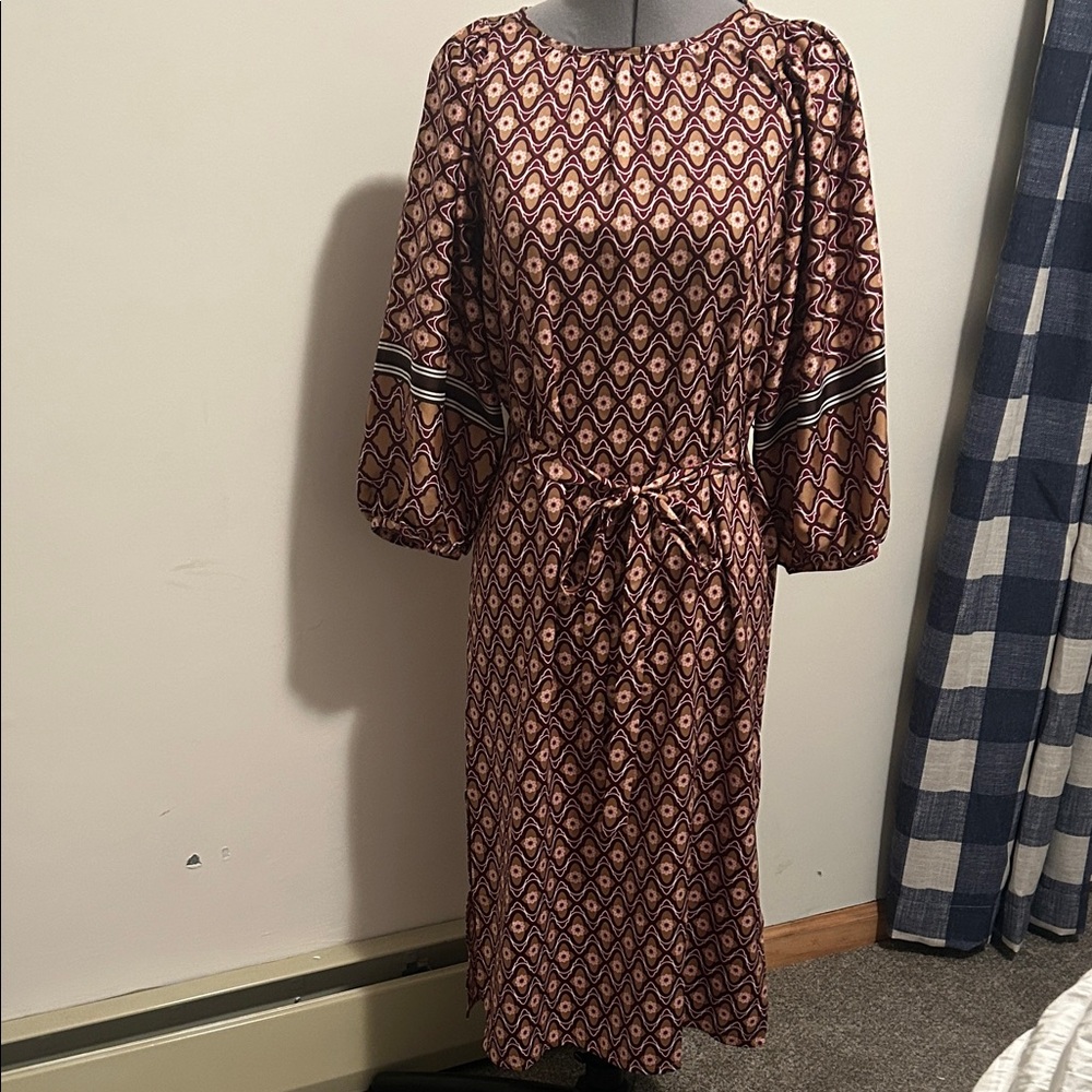 LOFT Burgundy and Gold Long Sleeve Dress